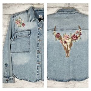 Driftwood DW Embroidered Steer Head Denim Rodeo Cowgirl Shacket L NWT $179